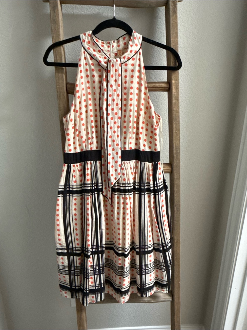 Maeve Anthropologie Cream Dress with Coral Polka Dots & Black Plaid Trim